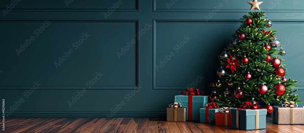 Poster festive holiday scene with a christmas tree presents and ornaments against a backdrop of copy space 