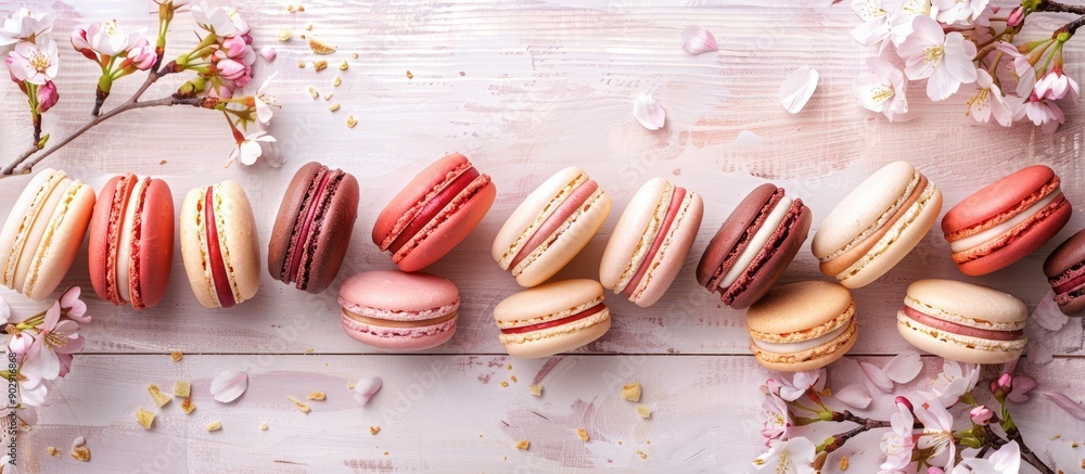 Aufkleber Various macaroons set against a light wooden backdrop with cherry branches providing a charming and colorful copy space image