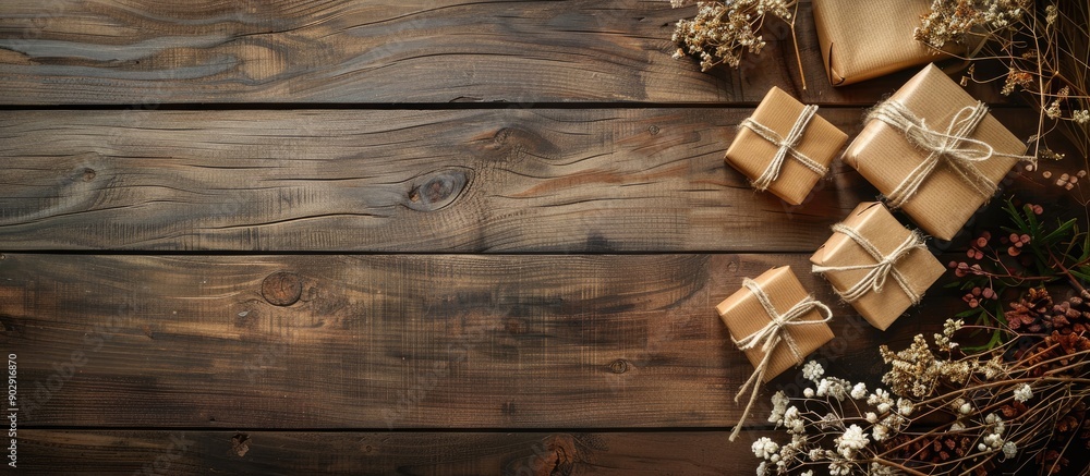 Poster A wooden background adorned with gift boxes and dried flowers offering an elegant display with ample copy space image
