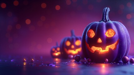 Vibrant Halloween Pumpkins Glowing With Spooky Faces at Night in a Darkened Setting