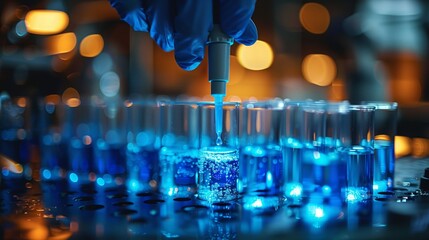 A scientist in a blue glove transfers blue liquid with a pipette into a test tube, among a row of other test tubes in a brightly lit lab