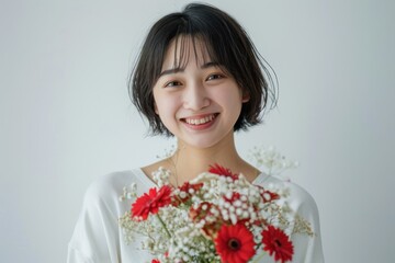 花束を持っている笑顔の日本人女性（母の日・結婚記念日・記念日・誕生日・デート）