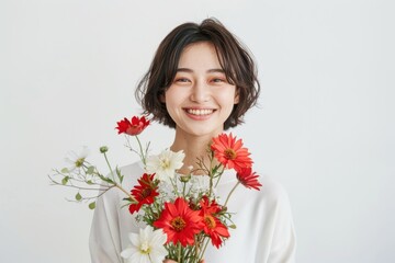 花束を持っている笑顔の日本人女性（母の日・結婚記念日・記念日・誕生日・デート）