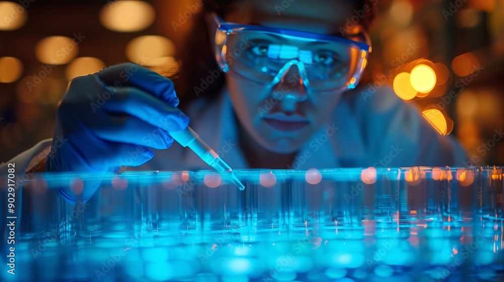 Poster a scientist in a lab coat and safety goggles uses a pipette to add liquid to a test tube in a row of