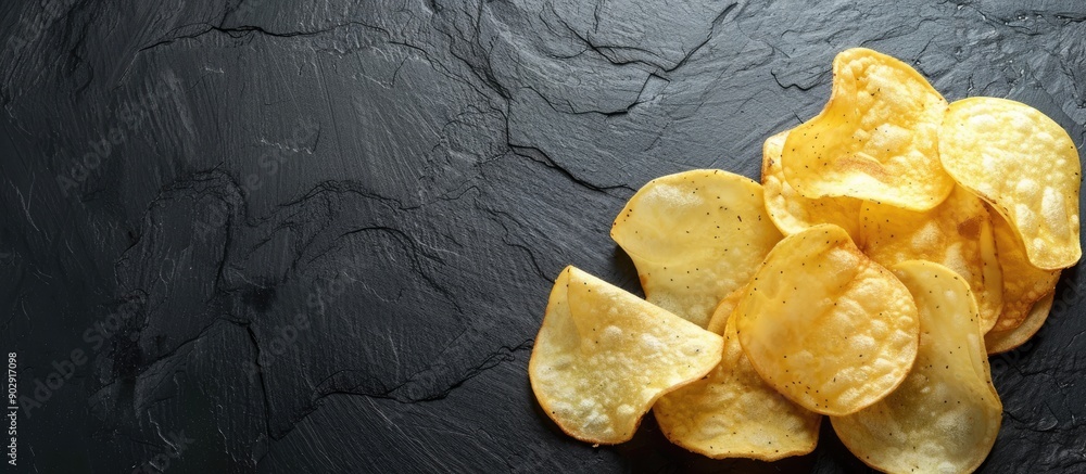 Poster Potato chips are displayed on a dark table with a blank space for text or images. Creative banner. Copyspace image
