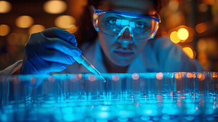 Fototapeta premium A scientist in a lab coat and safety goggles uses a pipette to add liquid to a test tube in a row of others, filled with blue liquid.