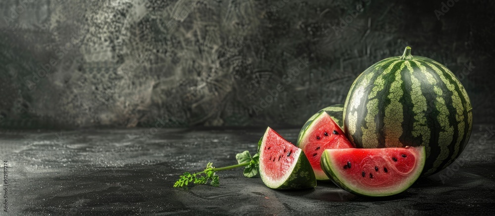 Aufkleber Whole and sliced watermelon on a dark textured surface with an area for text Includes a shallow depth of focus for the image. Creative banner. Copyspace image