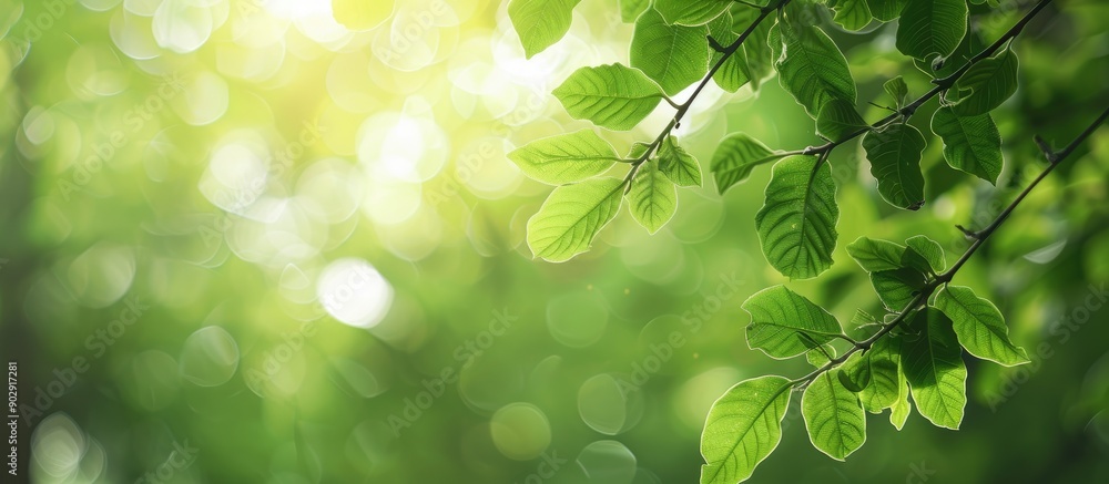 Poster nature s green leafy branch in a forest setting with blurred background of greenery ideal for nature