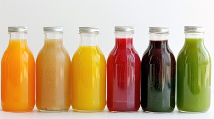 Detox juices arranged in a row of glass bottles on a white background