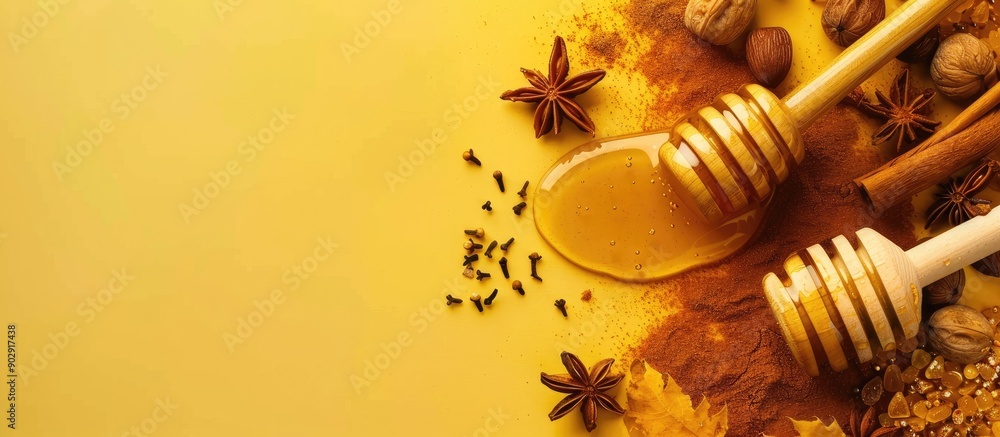 Poster Top view of a honey dipper adorned with nuts and spices set against a yellow background providing a blank area for additional content like a copy space image