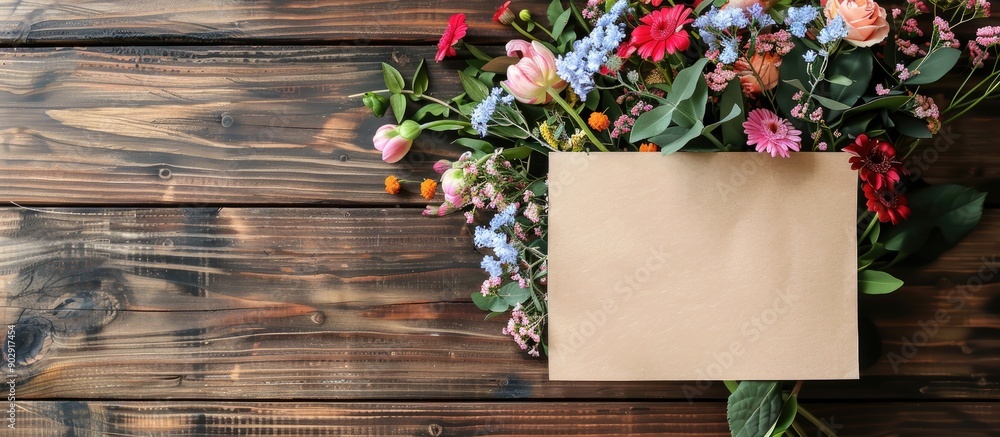 Aufkleber top view of a wooden background with a banner and copy space image featuring a flower bouquet alongs