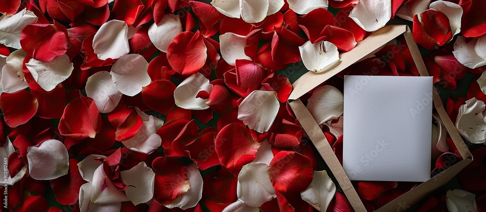 Poster top view on a romantic composition of red and white rose petals in a gift box with a valentine s day