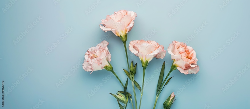 Aufkleber Flat lay of lovely Eustoma flowers on a soft blue backdrop ideal for adding text with copy space image