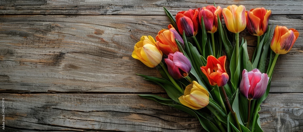 Poster tulips bouquet on rustic wooden backdrop for copy space image