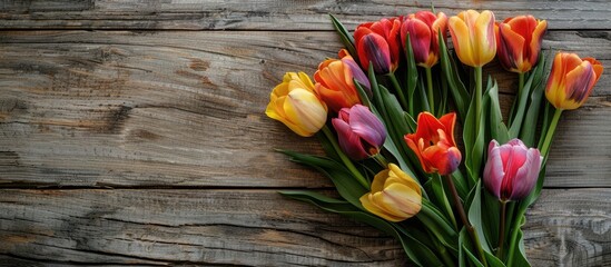 Tulips bouquet on rustic wooden backdrop for copy space image