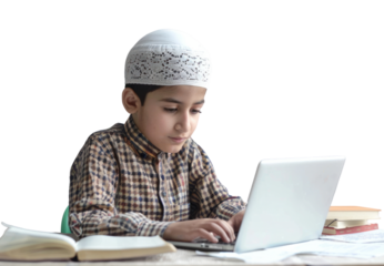 PNG Muslim boy student studying online computer laptop electronics.