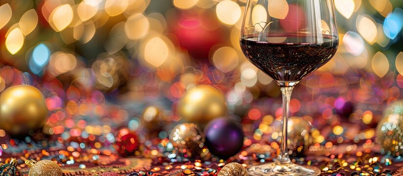 Festive display with a crystal glass of red wine surrounded by New Year decorations on a colorful carpet offering copy space image - Powered by Adobe