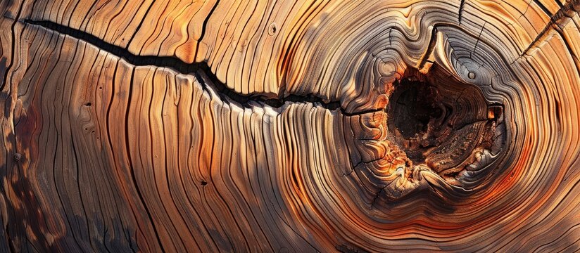 Polished tree trunk with a prominent knot and a distinctive brown wood pattern provides a visually captivating copy space image