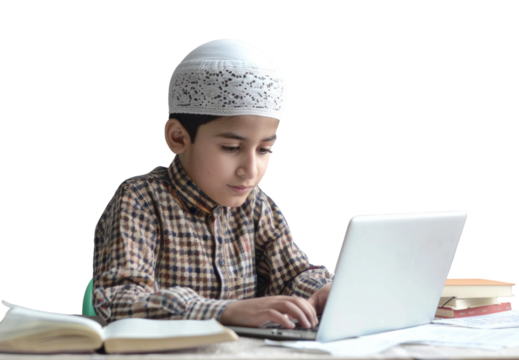 PNG Muslim boy student studying online computer laptop electronics.