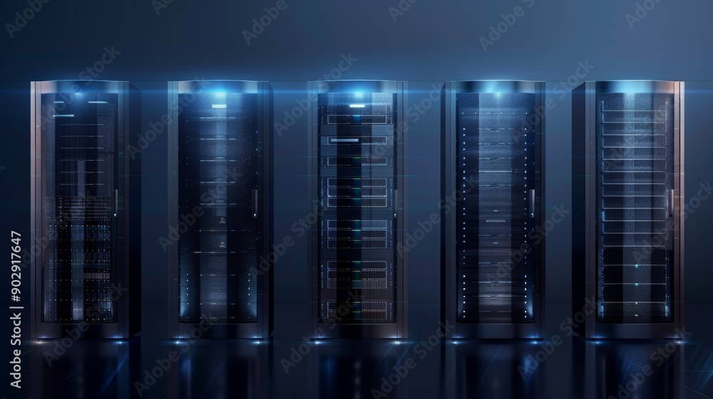 Poster image of modern data center server racks in a dark room with blue lighting, showcasing advanced tech