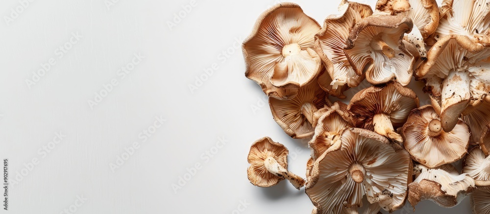 Poster mushrooms dried out displayed on a white backdrop providing copy space image