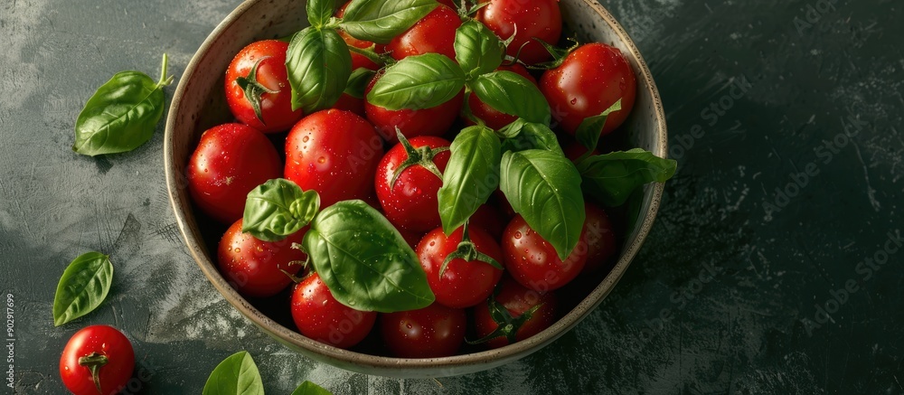 Aufkleber An overhead view of a bowl filled with organic tomatoes leaves and Basil creating a picturesque copy space image