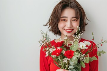 花束を持っている笑顔の日本人女性（母の日・結婚記念日・記念日・誕生日・デート）