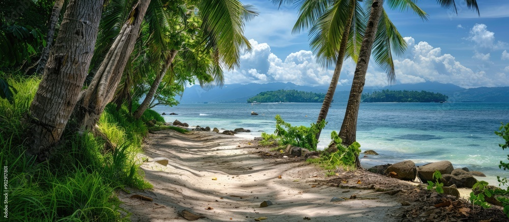 Poster A path leading to the beach lined with coconut trees rocks and trees perfect for a copy space image