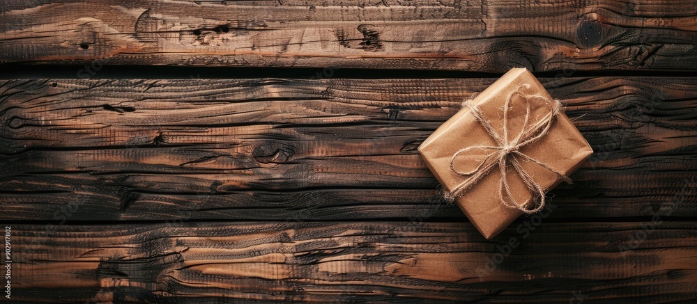 Poster A present box displayed on a rustic wooden surface with a blank space for an image. Creative banner. Copyspace image