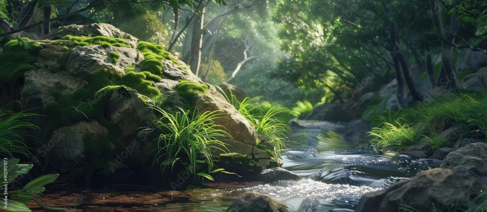 Poster A picturesque rock surrounded by lush greenery near a flowing stream in the forest with a blank space for inserting an image. Creative banner. Copyspace image