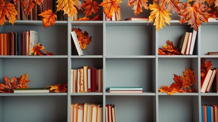 Autumnthemed classroom with bookshelves full of educational materials and a fall leaf garland, Fall Classroom Books, Knowledge and Learning