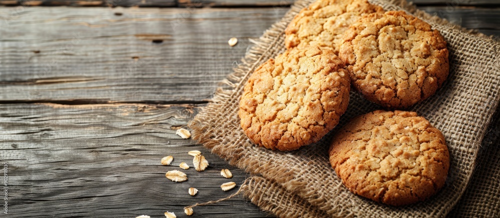Aufkleber Oat cookies displayed on a rustic wooden table with ample copy space image