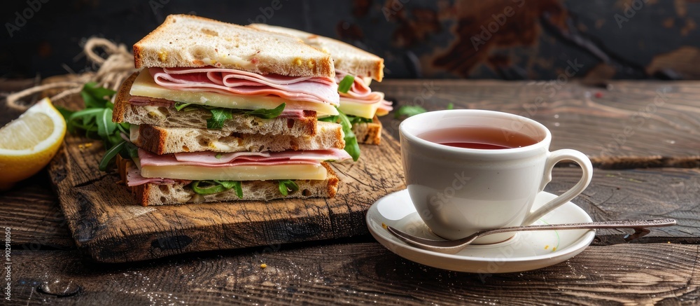 Poster Sandwich with ham butter and cheese on a wooden cutting board beside a cup of tea with lemon all set against a rustic backdrop offering ample copy space image