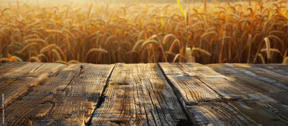 Poster a golden wheat field with an old wooden table set as a decoration ideal for a copy space image