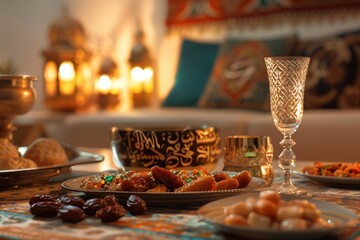 Traditional iftar meal setup with dates, sweets, and ornate glassware
