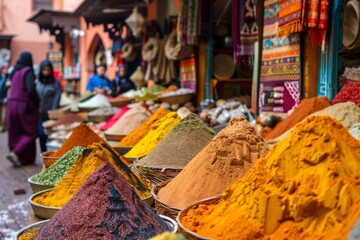 Vibrant street market with colorful spice piles and bustling activity