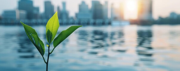 Cityscape with hydroelectric plants and clean waterways, representing a successful transition to renewable energy, Urban Hydro Transition, Clean Energy Future