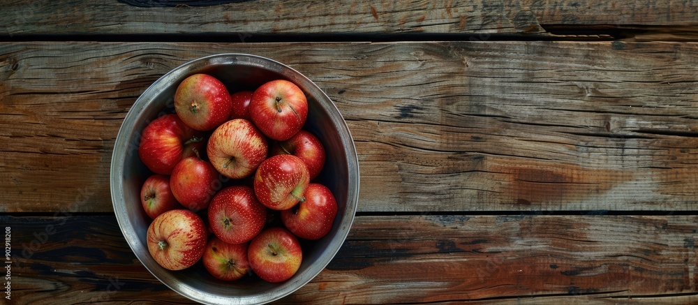 Poster Top view of a silver bowl with red apples on a wooden table with copy space image
