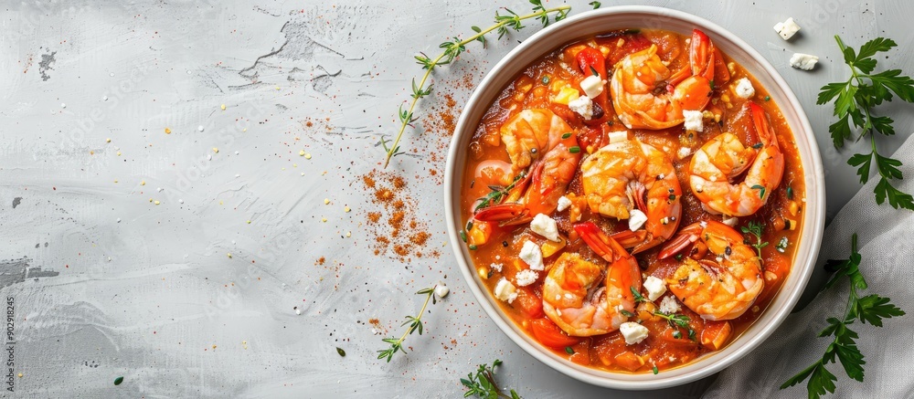 Poster top view of greek prawns shrimp saganaki with feta tomato paprika and thyme on a gray background wit