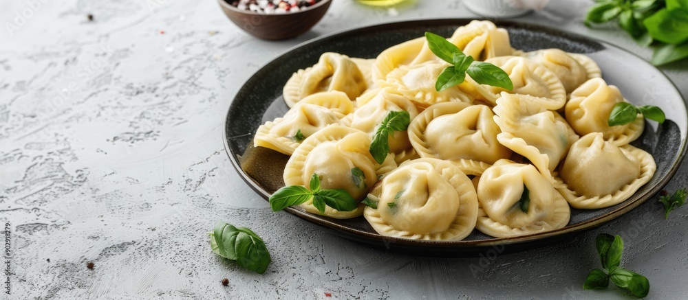 Aufkleber russian style pelmeni ravioli and dumplings with meat on a plate with a light concrete background su