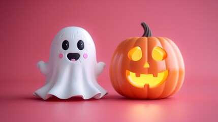 Cheerful Ghost and Festive Jack-O'-Lantern on Vibrant Pink Background for Halloween Celebration