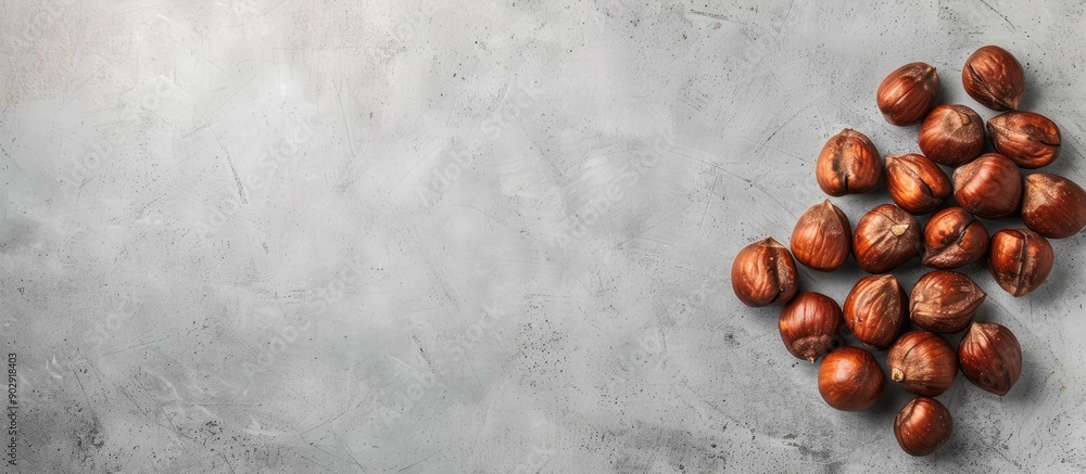 Leinwandbilder flat lay of scrumptious roasted chestnuts on a grey tabletop with copy space image available