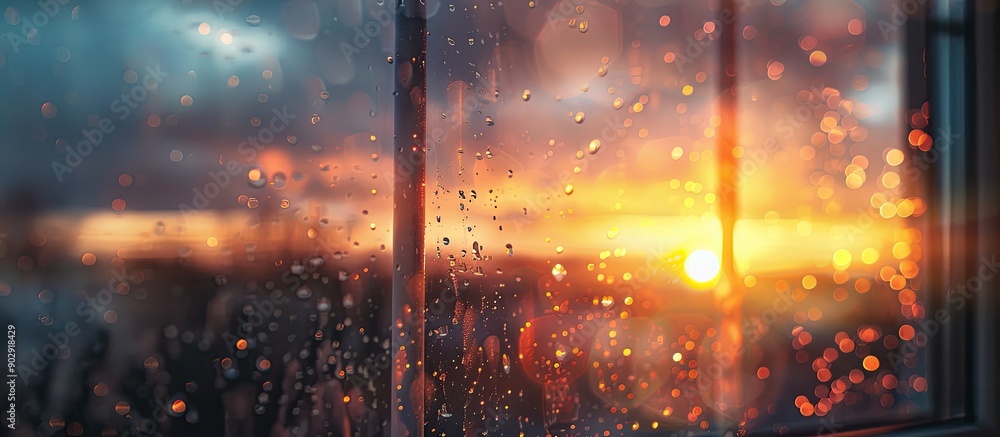 Leinwandbilder sunset view through a rain speckled window creating a lovely dusk ambiance with blurred sun and sky 