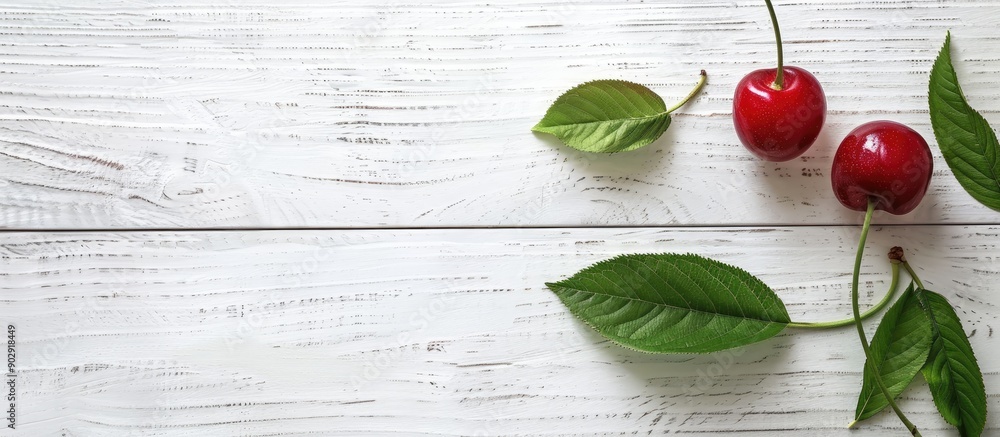 Aufkleber top view of a fresh ripe cherry with green leaves on a white wooden background creating ample copy s