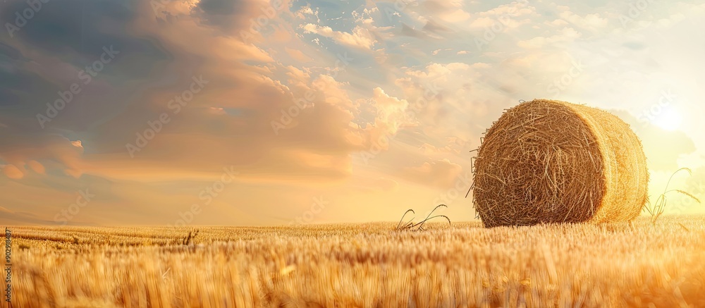Poster Hay stack in a field against a scenic sky providing ample copy space image