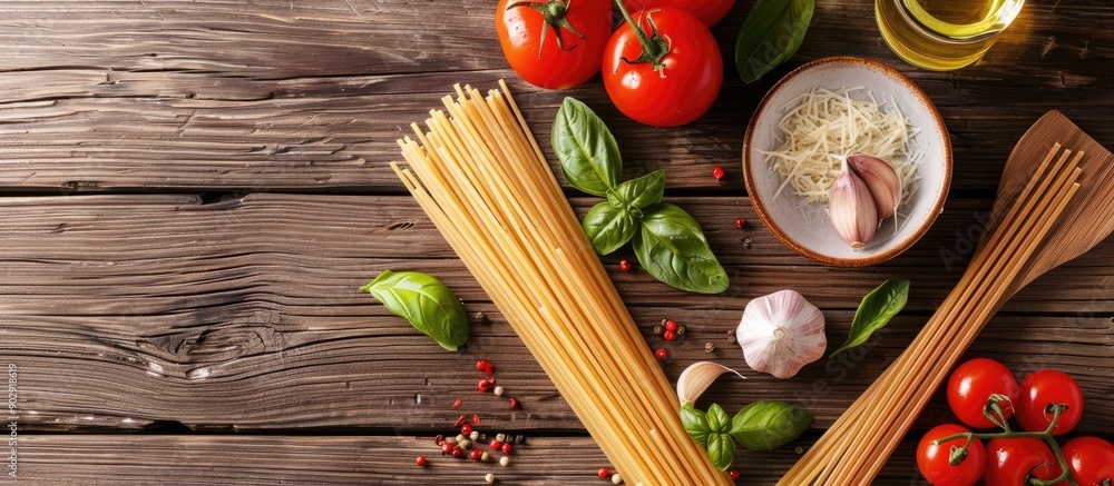 Poster items required to prepare authentic italian spaghetti includes fresh tomatoes garlic and basil with 