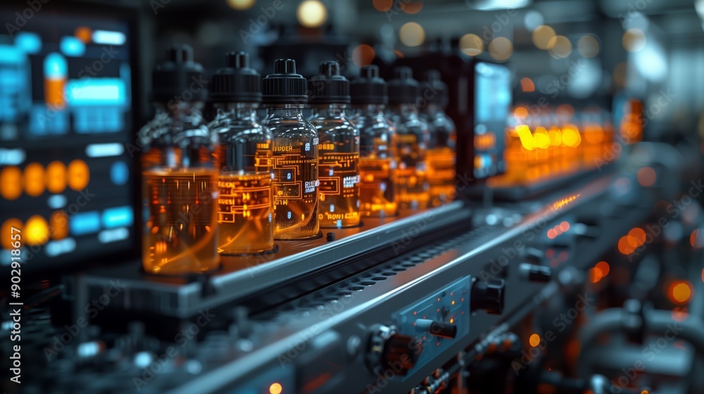 Poster a close-up view of bottles filled with a liquid moving along a conveyor belt in a factory setting.