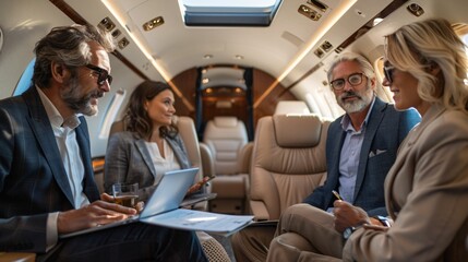 High-Flying Strategy Session Business Executives in Private Jet Conferencing on the Go