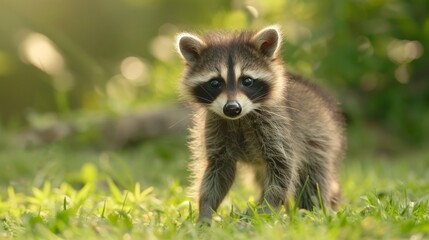 A baby raccoon exploring a sunlit garden, morning light