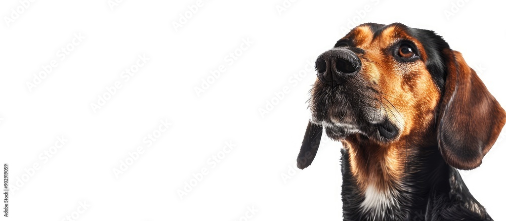 Poster estonian hound dog happily posing on a white background with copy space image